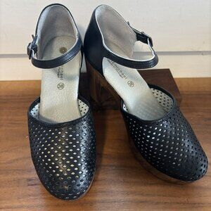 Eric Michael Sadie Mary Jane Block Heel Perforated Black Leather Clogs
